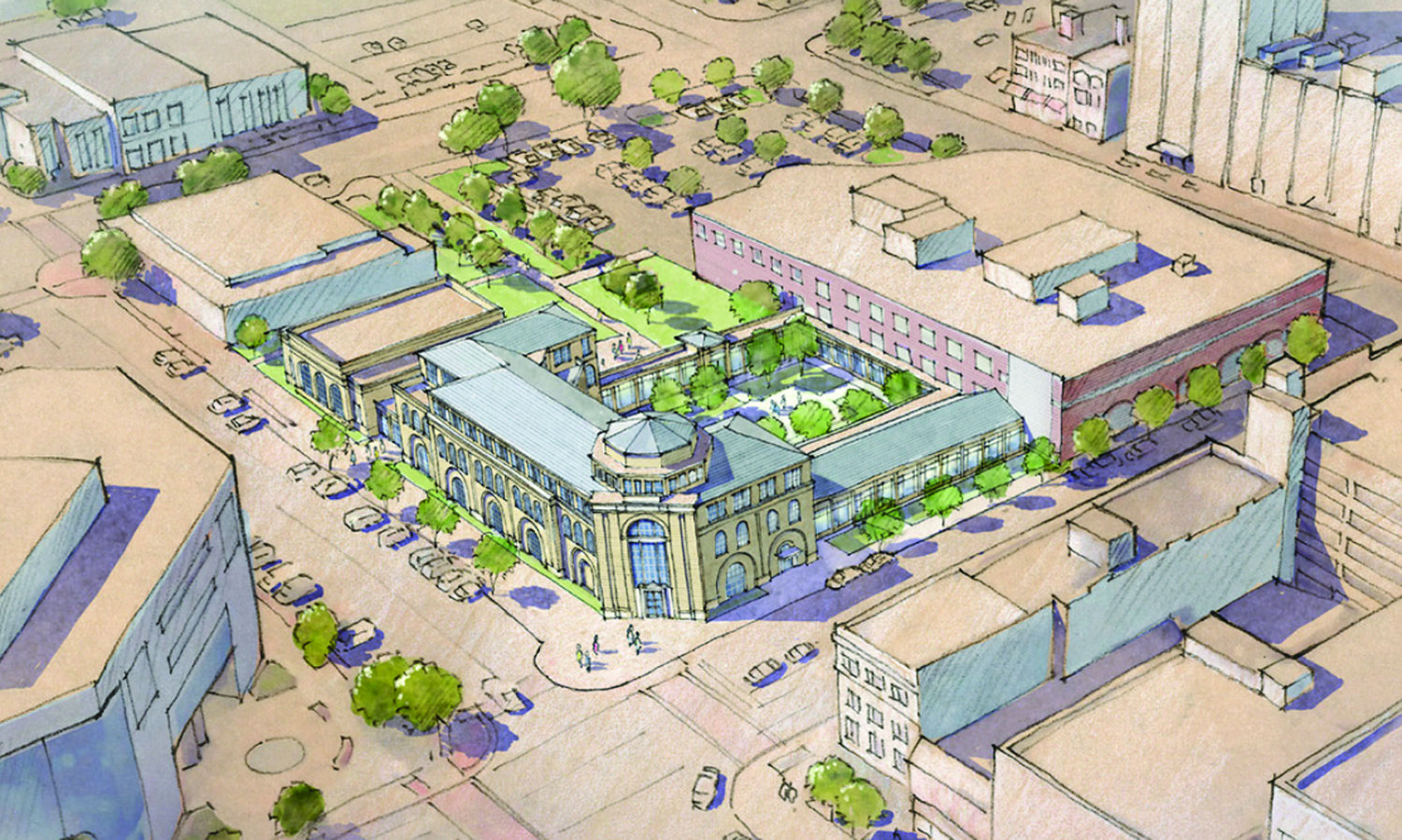 Rendering of the SJCPL Main branch renovation and addition of the Community Learning Center